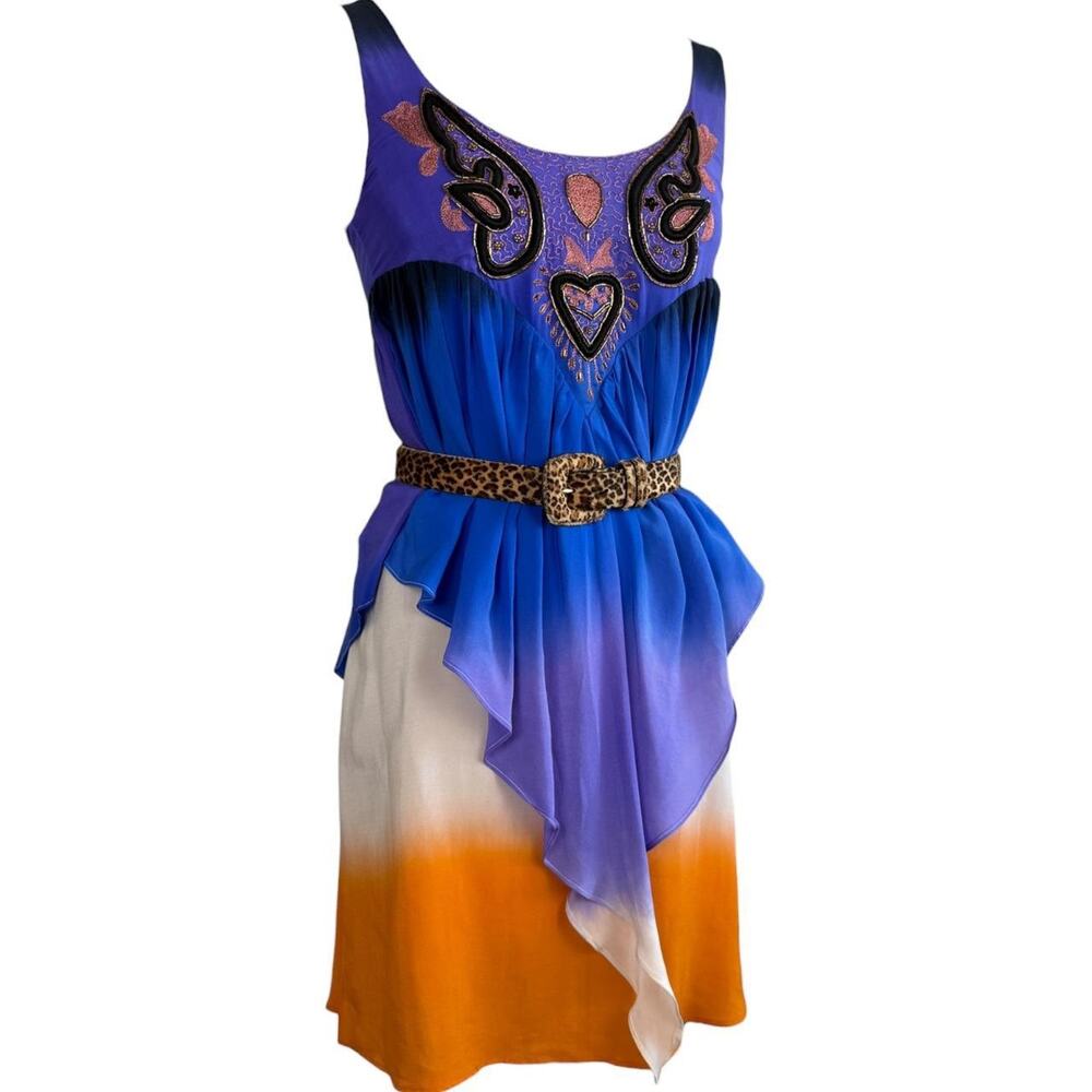 Vintage silk boho ombré beaded handkerchief overlay dress S